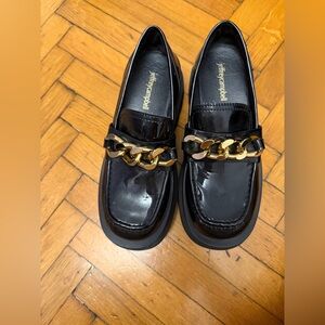 Jeffrey Campbell Black Patent Loafers with Gold Chain